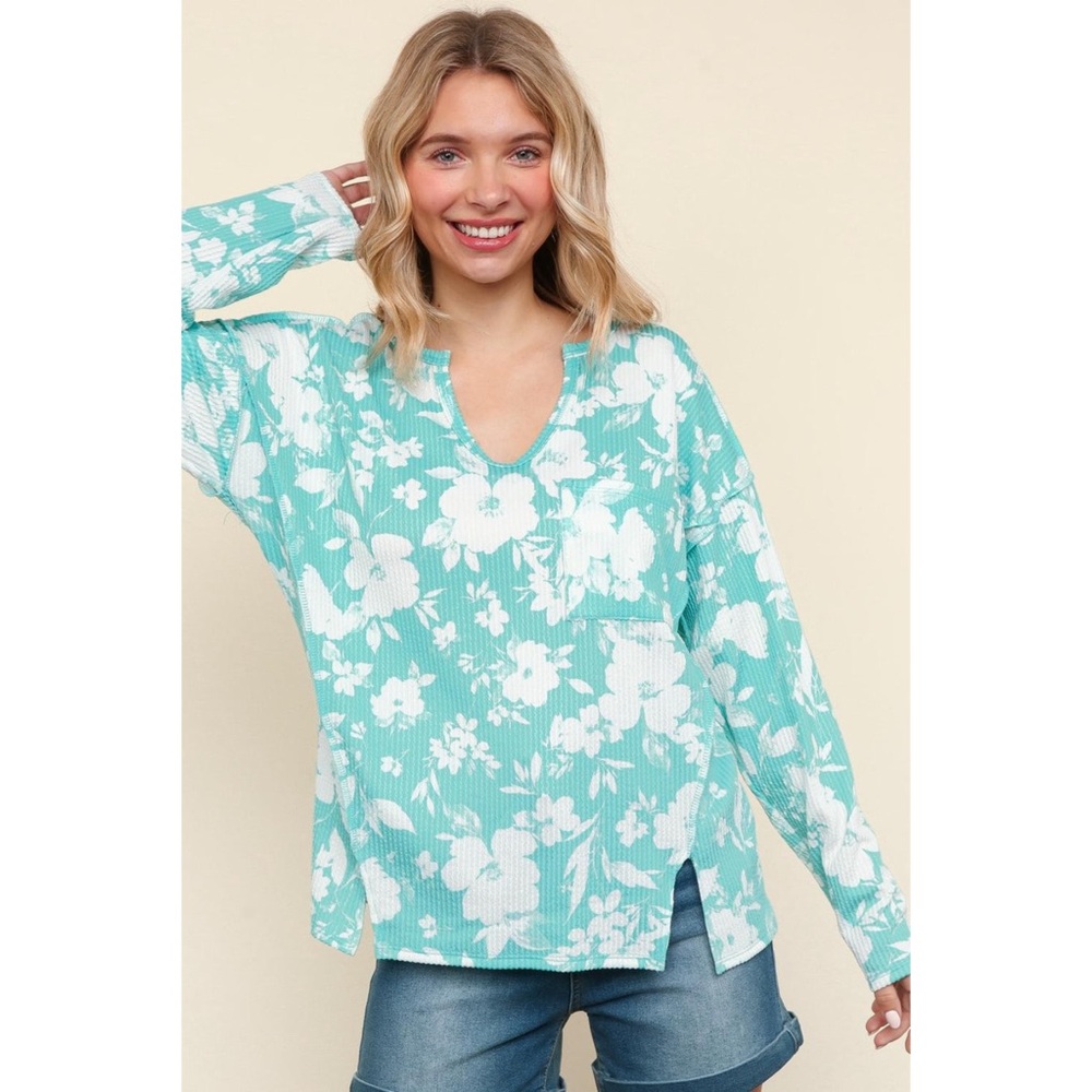 NEW! Mint Notch Neck Soft Floral Print Knit Top with Slits!
